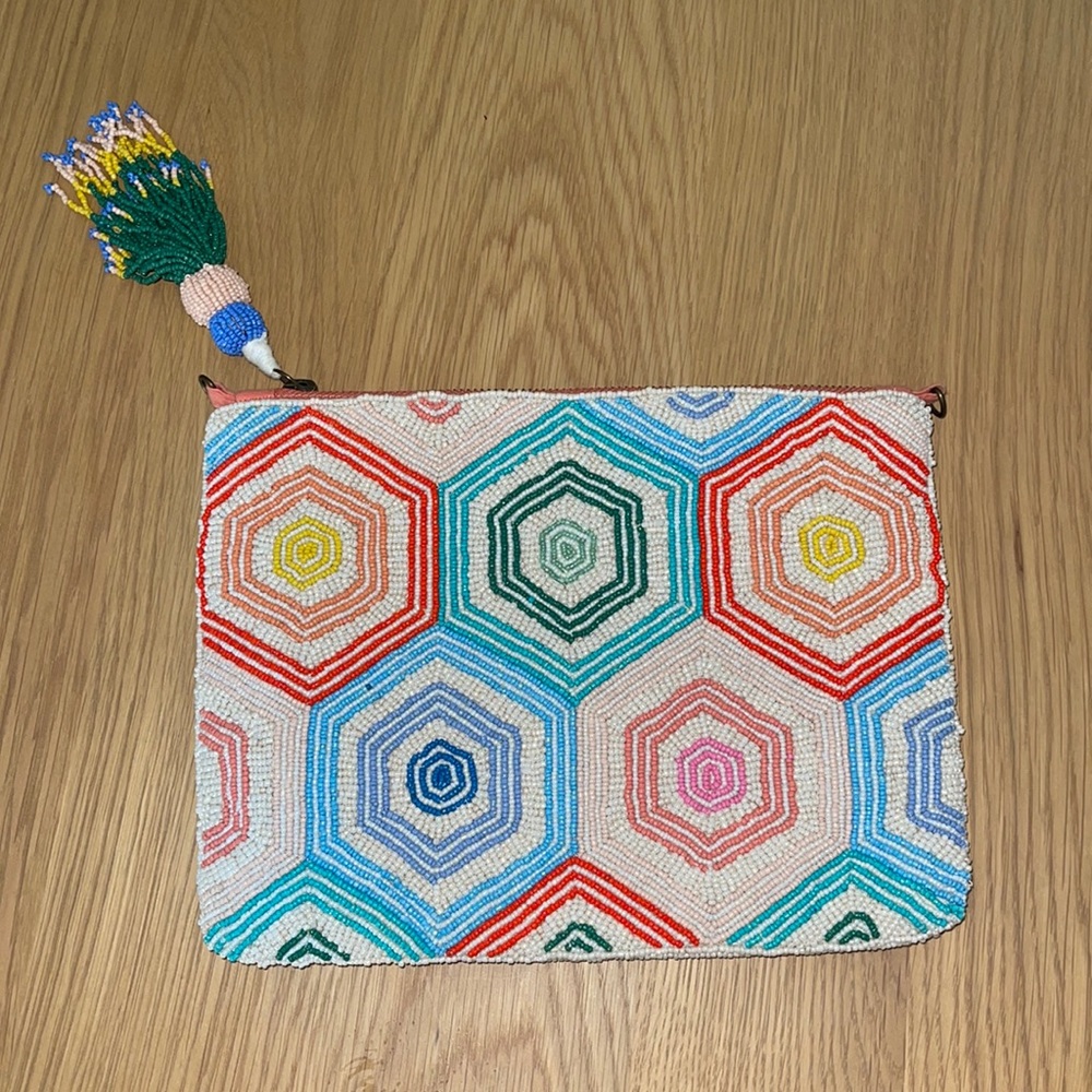 Brand new multicolor beaded clutch Anthropologie with tassel small bag